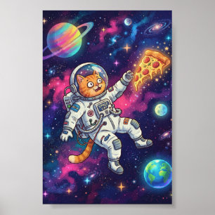 Funny Astronaut Cat Floating Space Pizza Galaxy Poster