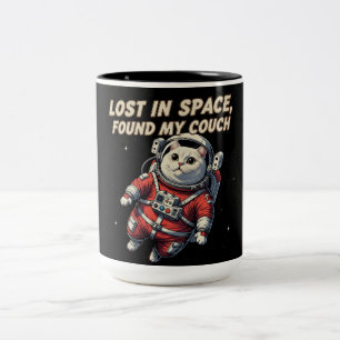Funny Astronaut Cat Mug: Lost in Space Two-Tone Coffee Mug