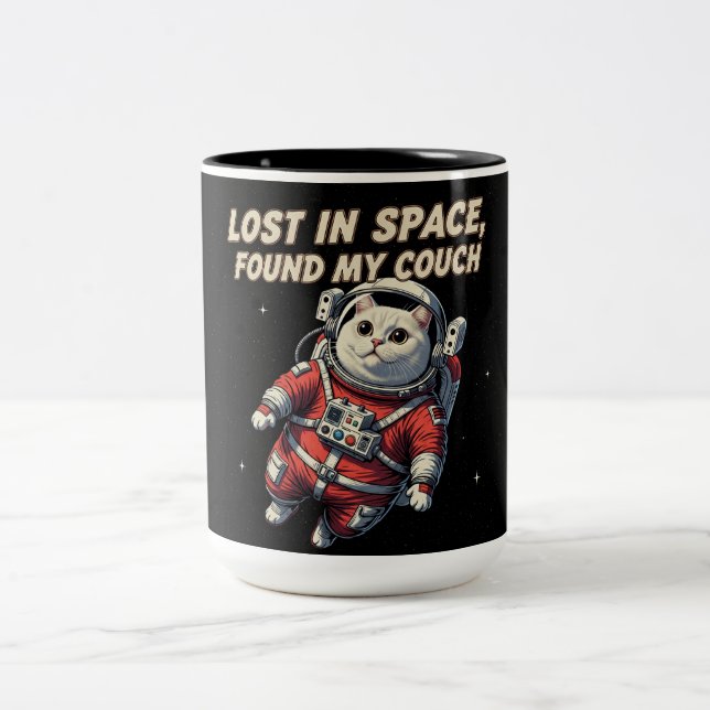 Funny Astronaut Cat Mug: Lost in Space Two-Tone Coffee Mug (Center)
