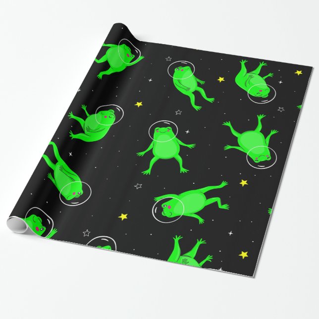 funny astronaut frogs space black  wrapping paper (Unrolled)