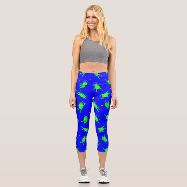 funny astronaut frogs space blue capri leggings (Front)