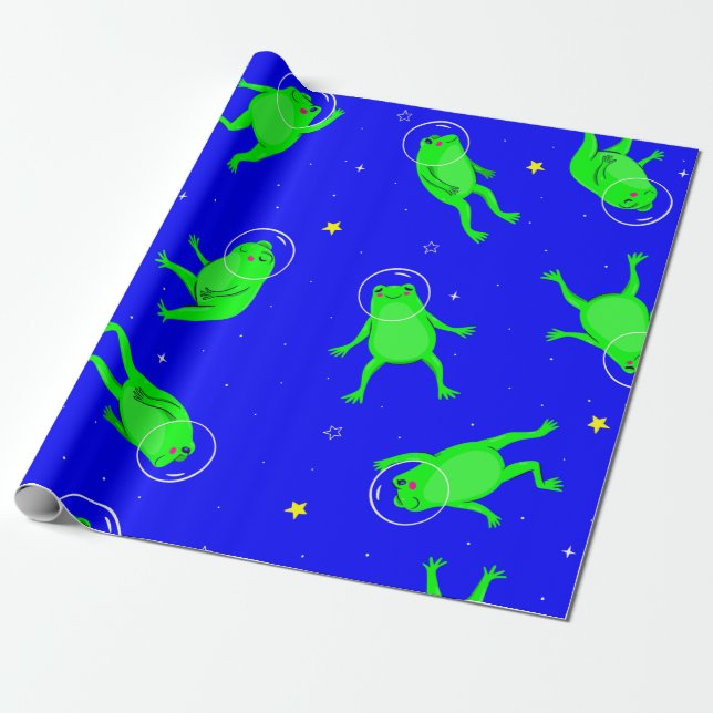 funny astronaut frogs space blue wrapping paper (Unrolled)
