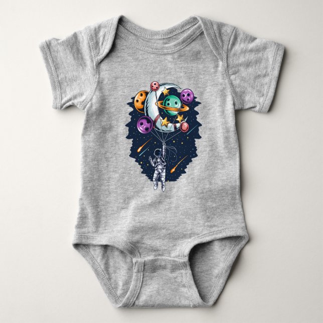 Funny Astronaut Holding a Balloon of Planets Baby  Baby Bodysuit (Front)
