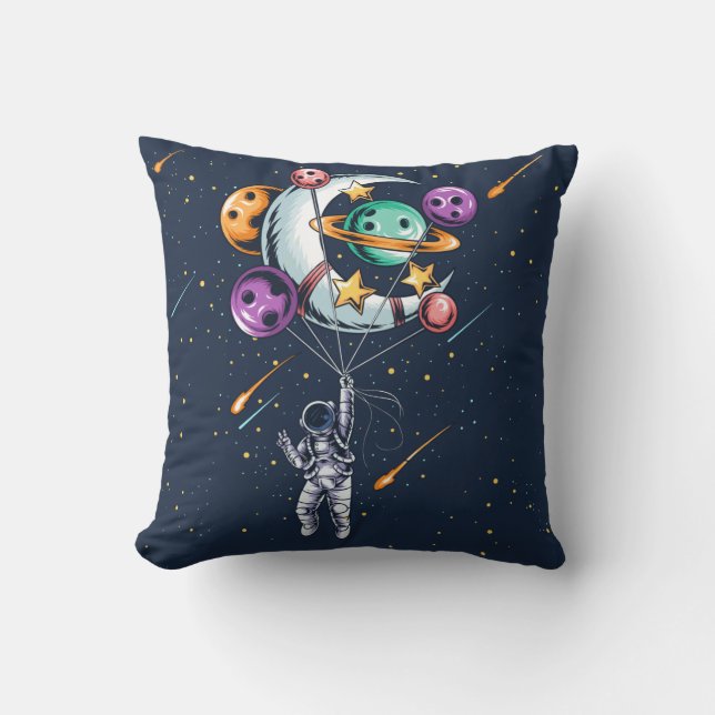 Funny Astronaut Holding a Balloon of Planets  Cushion (Front)
