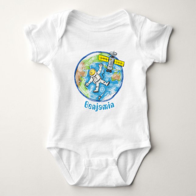 Funny astronaut in space and earth cartoon baby bodysuit (Front)