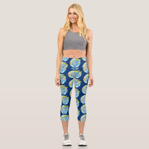 Funny astronaut in space and earth cartoon capri leggings