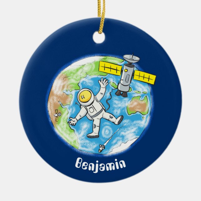 Funny astronaut in space and earth cartoon ceramic ornament (Front)