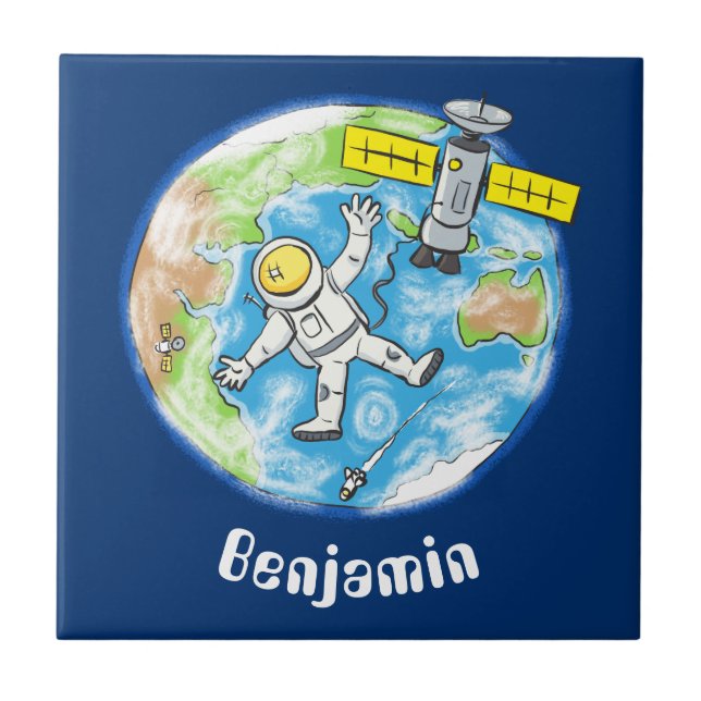 Funny astronaut in space and earth cartoon ceramic tile (Front)