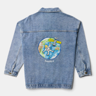 Funny astronaut in space and earth cartoon denim jacket
