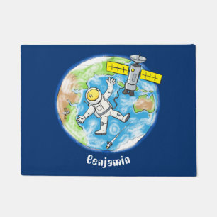 Funny astronaut in space and earth cartoon doormat