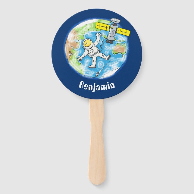 Funny astronaut in space and earth cartoon hand fan (Front)