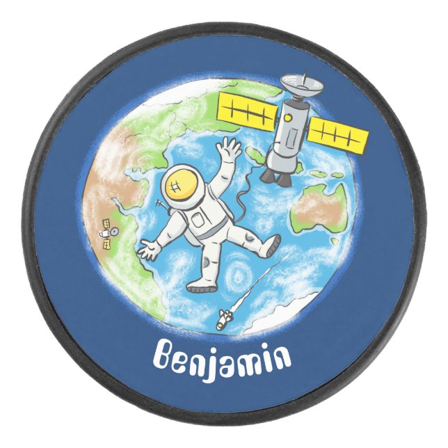 Funny astronaut in space and earth cartoon hockey puck (Front)