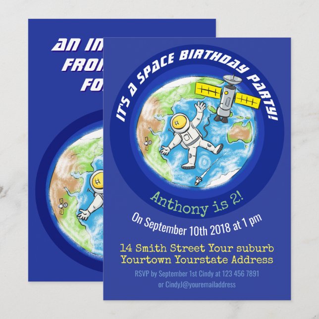 Funny astronaut in space and earth cartoon invitation (Front/Back)