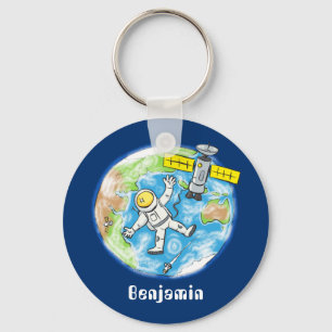 Funny astronaut in space and earth cartoon key ring