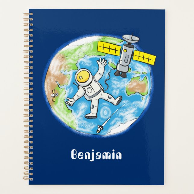 Funny astronaut in space and earth cartoon planner (Front)