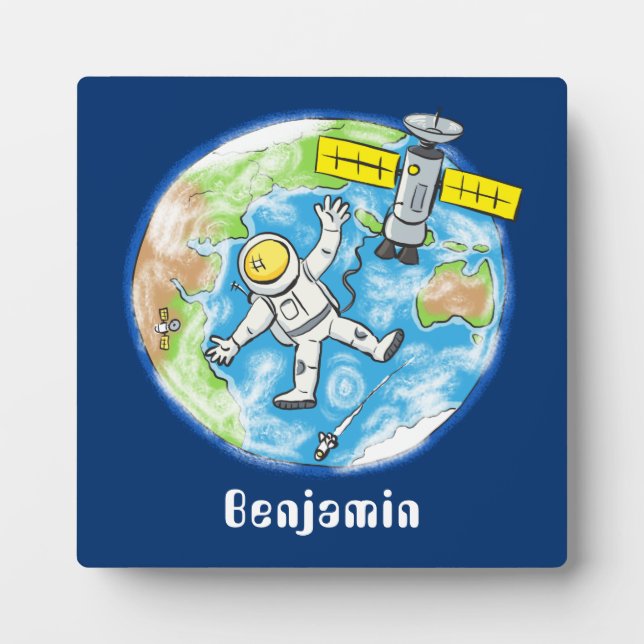 Funny astronaut in space and earth cartoon plaque (Front)