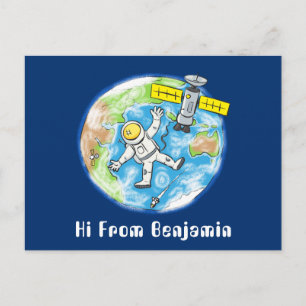 Funny astronaut in space and earth cartoon postcard
