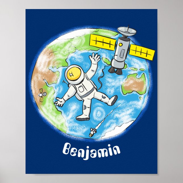 Funny astronaut in space and earth cartoon poster (Front)