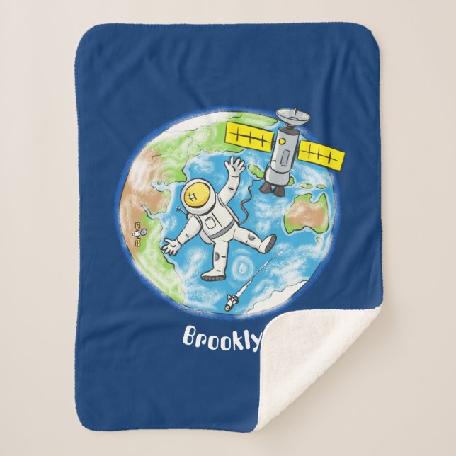 Funny astronaut in space and earth cartoon sherpa blanket (Front)