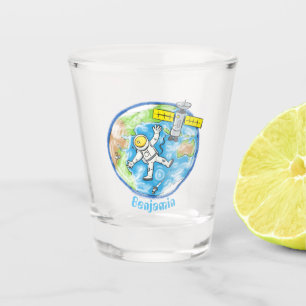 Funny astronaut in space and earth cartoon shot glass