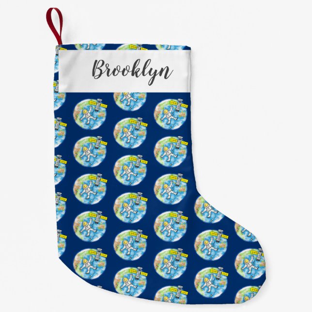 Funny astronaut in space and earth cartoon small christmas stocking (Front)