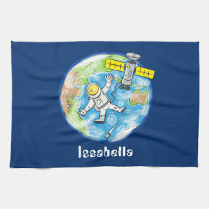 Funny astronaut in space and earth cartoon tea towel