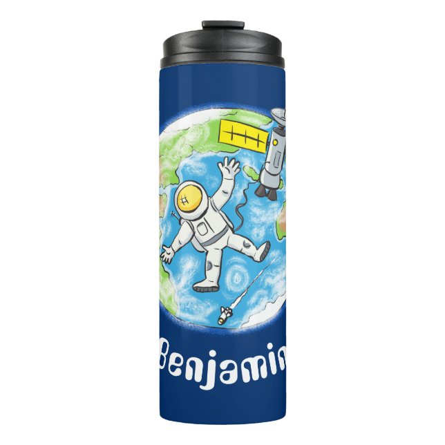 Funny astronaut in space and earth cartoon thermal tumbler (Front)