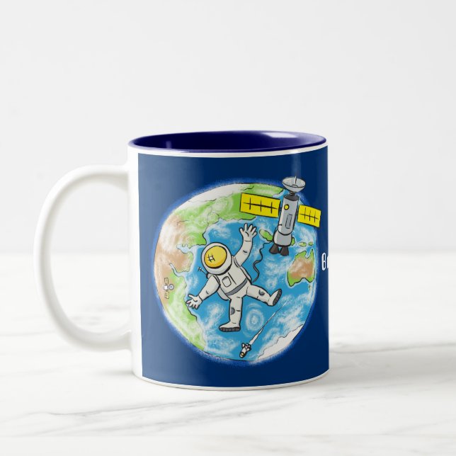 Funny astronaut in space and earth cartoon Two-Tone coffee mug (Left)