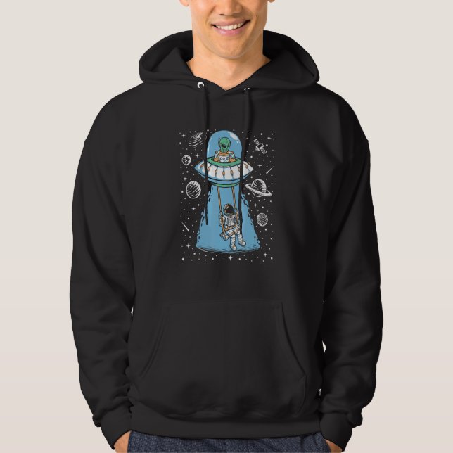 Funny Astronaut On Moon Playing Swing Ufo Alien As Hoodie (Front)