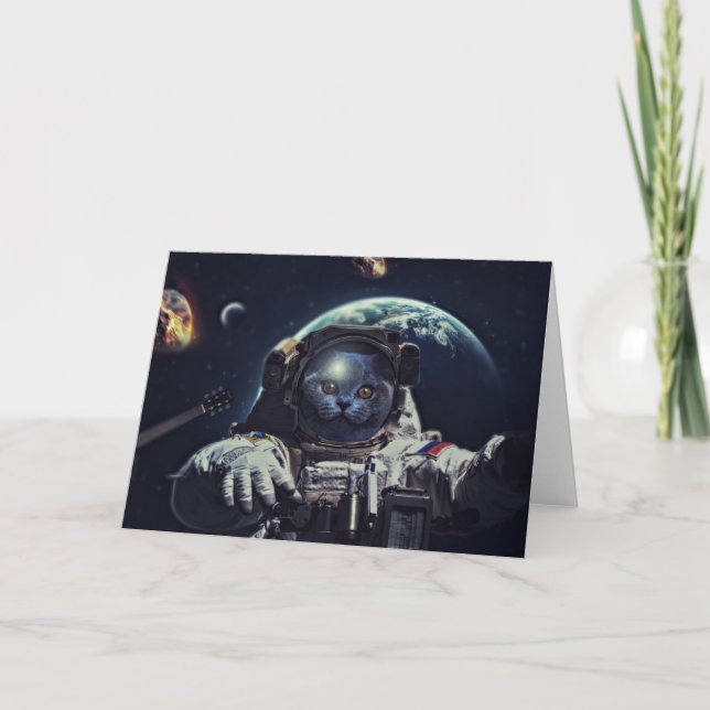 Funny Astronaut Shorthair Cat in Space             Card (Front)