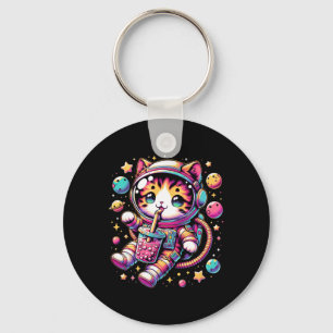 Funny Astronaut Space Kawaii Boba Tea Cat  Key Ring