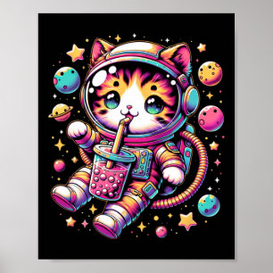 Funny Astronaut Space Kawaii Boba Tea Cat Poster