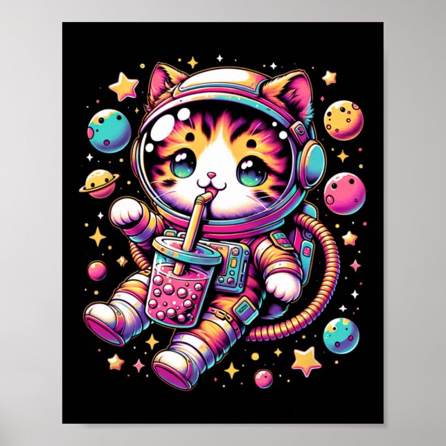 Funny Astronaut Space Kawaii Boba Tea Cat  Poster (Front)