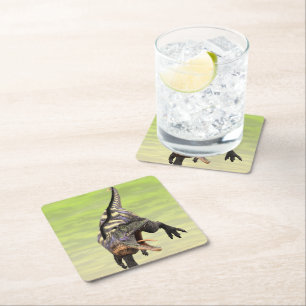 Funny Aucasaurus Roaring Prehistoric Dino Art Square Paper Coaster