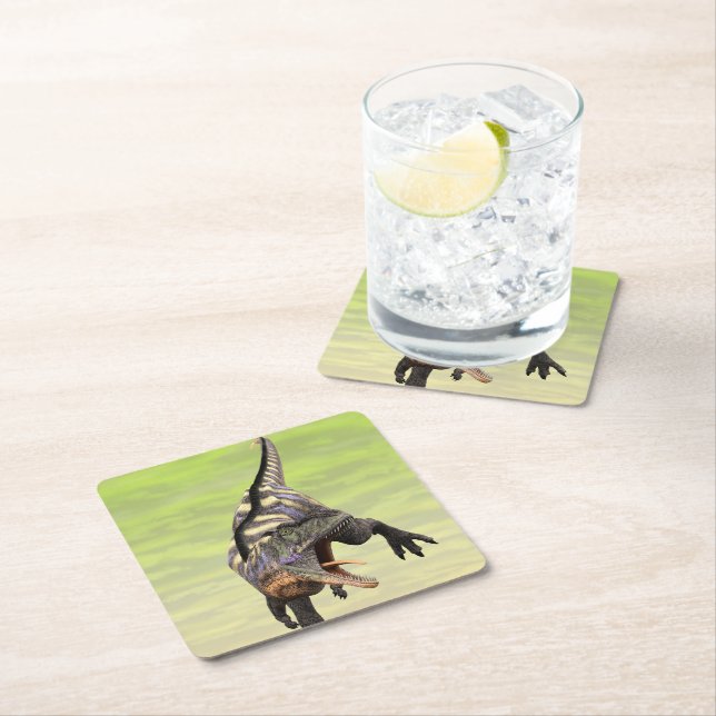 Funny Aucasaurus Roaring Prehistoric Dino Art Square Paper Coaster (Insitu)