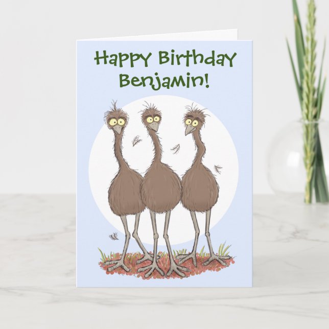 Funny Australian emu trio cartoon illustration Card (Front)