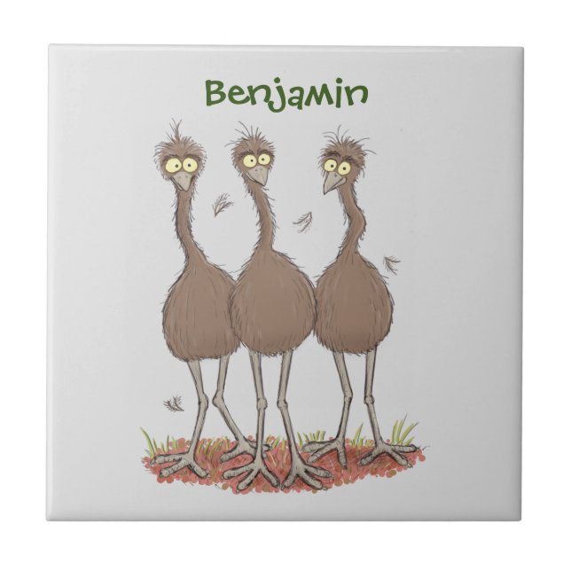 Funny Australian emu trio cartoon illustration Ceramic Tile (Front)
