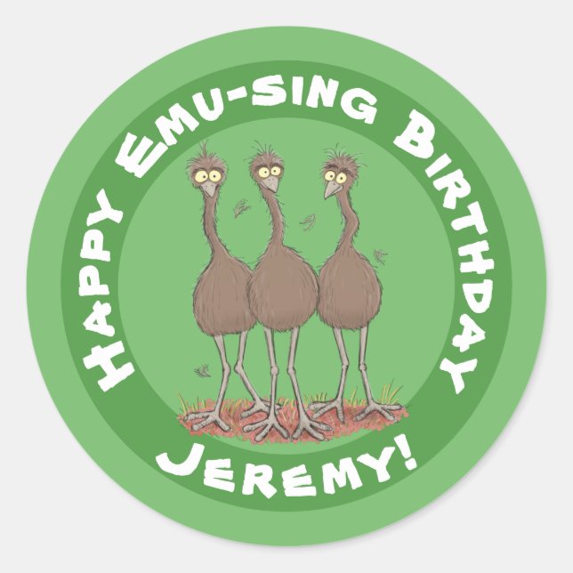 Funny Australian emu trio cartoon illustration Classic Round Sticker (Front)