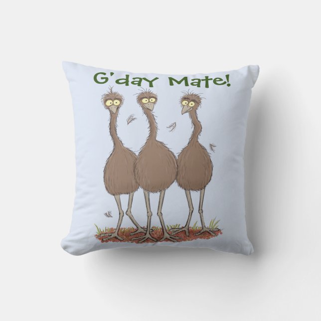 Funny Australian emu trio cartoon illustration Cushion (Front)