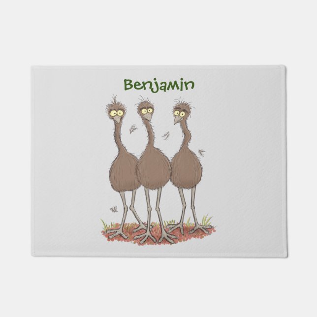 Funny Australian emu trio cartoon illustration Doormat (Front)