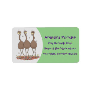 Funny Australian emu trio cartoon illustration Label