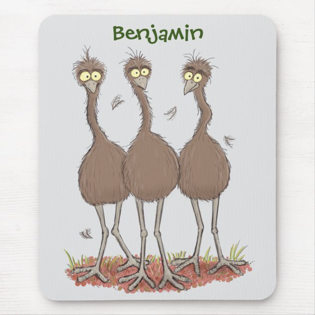 Funny Australian emu trio cartoon illustration Mouse Pad (Front)