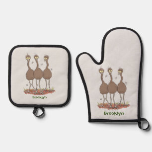 Funny Australian emu trio cartoon illustration Oven Mitt & Pot Holder Set