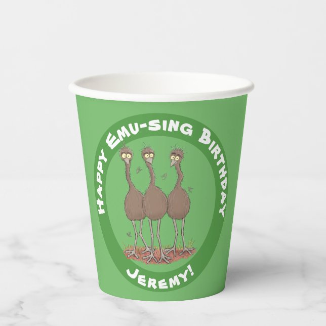 Funny Australian emu trio cartoon illustration Paper Cups (Front)