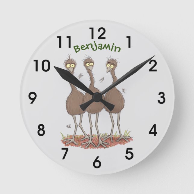 Funny Australian emu trio cartoon illustration Round Clock (Front)