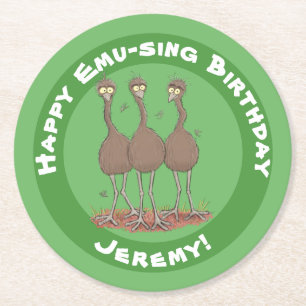 Funny Australian emu trio cartoon illustration Round Paper Coaster