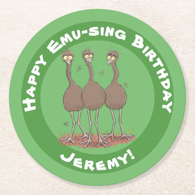 Funny Australian emu trio cartoon illustration Round Paper Coaster (Front)