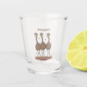 Funny Australian emu trio cartoon illustration Shot Glass