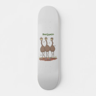 Funny Australian emu trio cartoon illustration Skateboard