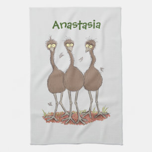 Funny Australian emu trio cartoon illustration Tea Towel